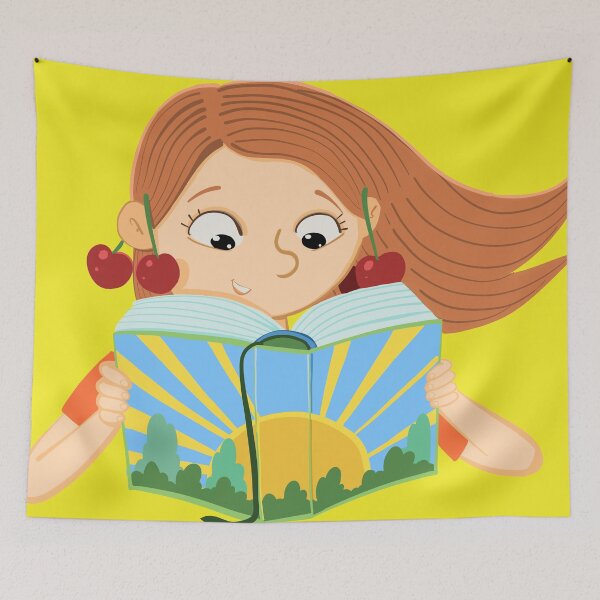 Item preview, girl with cherries is reading a book with a sun on the cover designed and sold by duxpavlic.