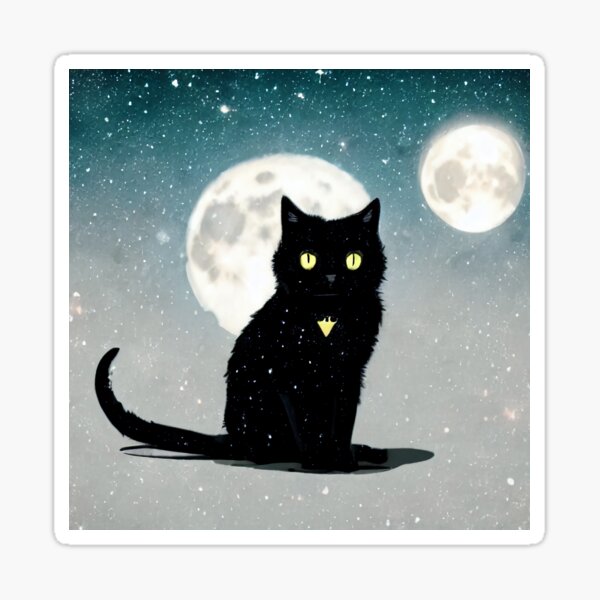 Cute Black Kitten on Snowy Night with Two Full Moons Sticker