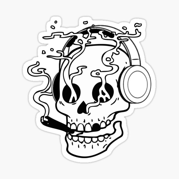 Skull With Headphones - black & white Sticker for Sale by alpha-ww