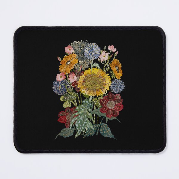 Item preview, Sunflower bouquet with different flowers black version designed and sold by Yana Mustafina | Boho Soulful Designs.