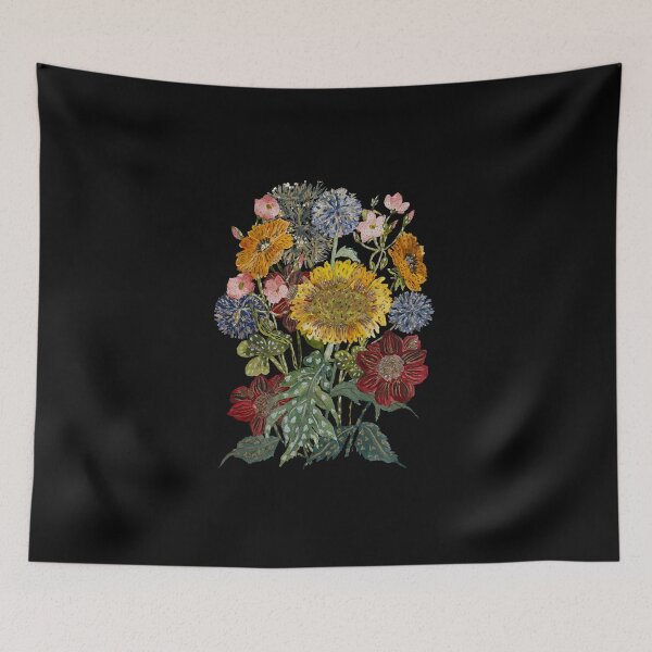 Item preview, Sunflower bouquet with different flowers black version designed and sold by Yana Mustafina | Boho Soulful Designs.
