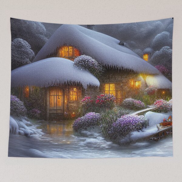 Item preview, Magical Fantasy Cottage with Lights In A Snowy Scene, Scenery Nature designed and sold by NatureFood.