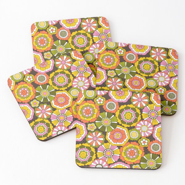Item preview, Retro Flower Power floral 1970s style in pink, orange, yellow, green and brown. designed and sold by Portia Monberg.