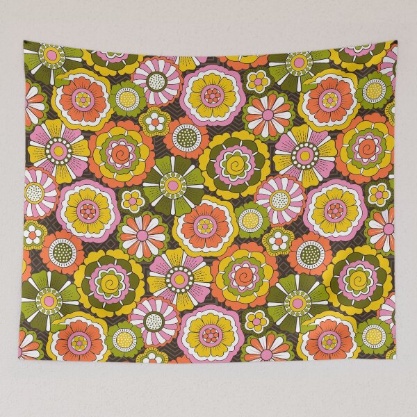 Item preview, Retro Flower Power floral 1970s style in pink, orange, yellow, green and brown. designed and sold by Portia Monberg.