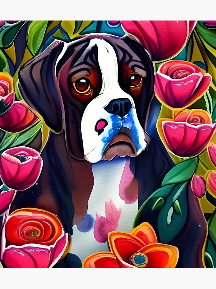 "Boxer Dog Floppy Ears Puppy Whimsical Portrait Hiding in Wildflowers