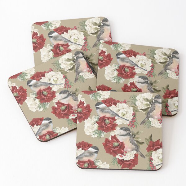 Item preview, Christmas Pattern Chickadee Bird Berries and Flowers designed and sold by The Willow Of  Rain City.