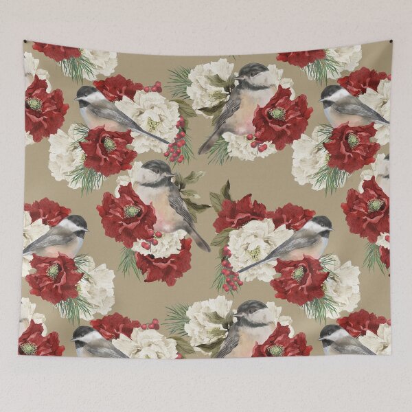Item preview, Christmas Pattern Chickadee Bird Berries and Flowers designed and sold by The Willow Of  Rain City.