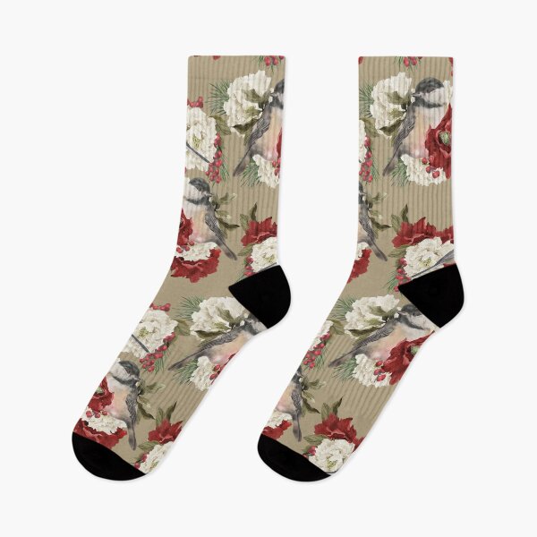 Item preview, Christmas Pattern Chickadee Bird Berries and Flowers designed and sold by The Willow Of  Rain City.