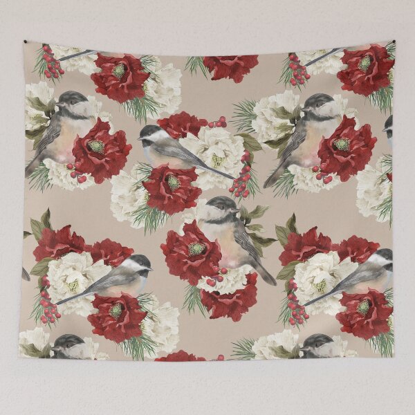 Item preview, Christmas Pattern Chickadee Bird Berries and Flowers 2 designed and sold by The Willow Of  Rain City.