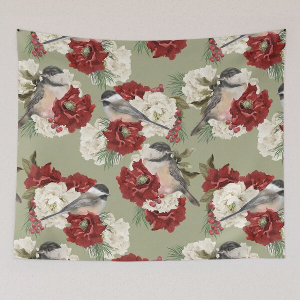 Item preview, Christmas Pattern Chickadee Bird Berries and Flowers 4 designed and sold by The Willow Of  Rain City.