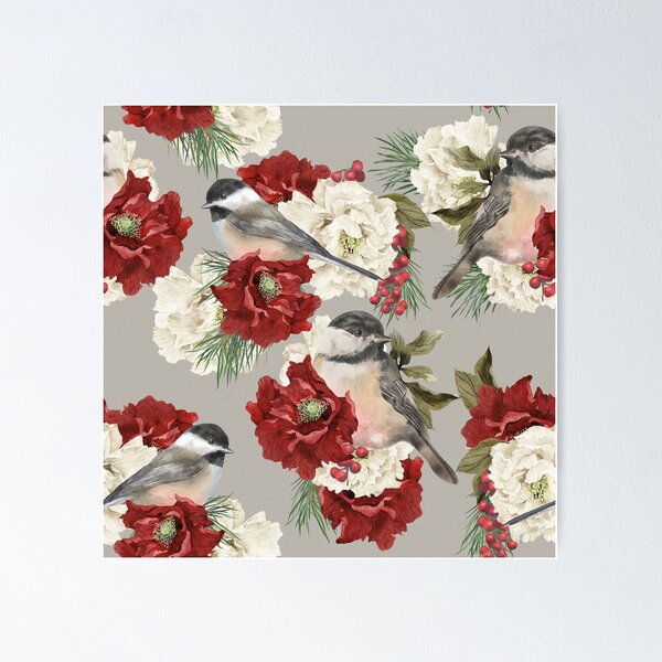 Item preview, Christmas Pattern Chickadee Bird Berries and Flowers 6 designed and sold by The Willow Of  Rain City.