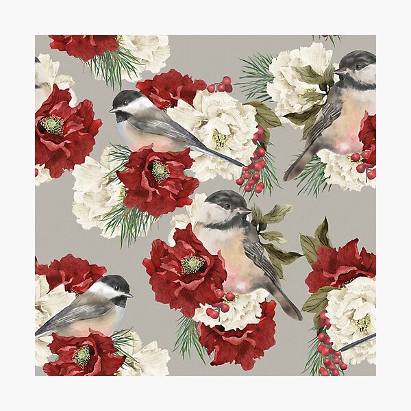 Item preview, Christmas Pattern Chickadee Bird Berries and Flowers 6 designed and sold by The Willow Of  Rain City.