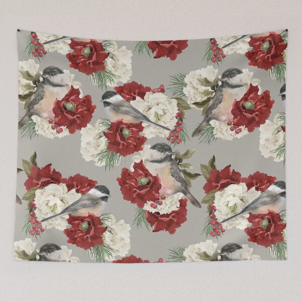 Item preview, Christmas Pattern Chickadee Bird Berries and Flowers 6 designed and sold by The Willow Of  Rain City.
