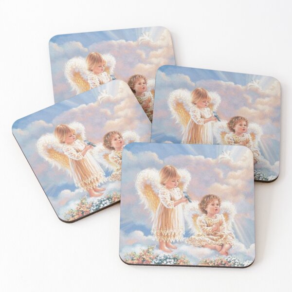 Item preview, Two Young Angel Girls on Clouds Birds Flowers designed and sold by Rowena Jones.
