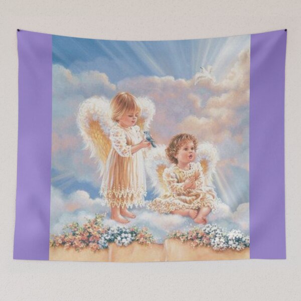 Item preview, Two Young Angel Girls on Clouds Birds Flowers designed and sold by Rowena Jones.
