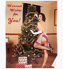 Pin up sexy woman decorate Christmas tree Poster