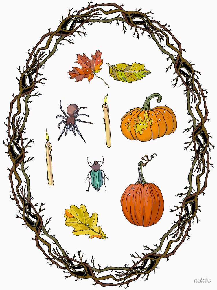 Autumn wreath branches frame with Halloween symbols. by naktis