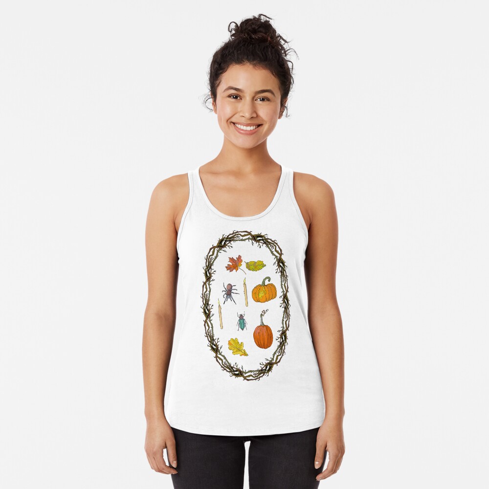 Autumn wreath branches frame with Halloween symbols. Racerback Tank Top