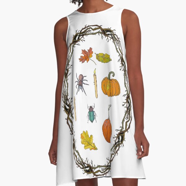 Autumn wreath branches frame with Halloween symbols. A-Line Dress