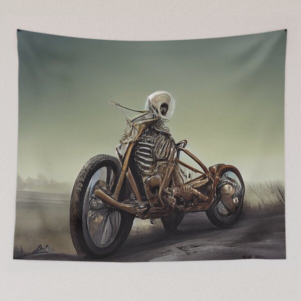 Item preview, Skeleton riding a motorcycle. Image digital art creation designed and sold by mrlongfield.