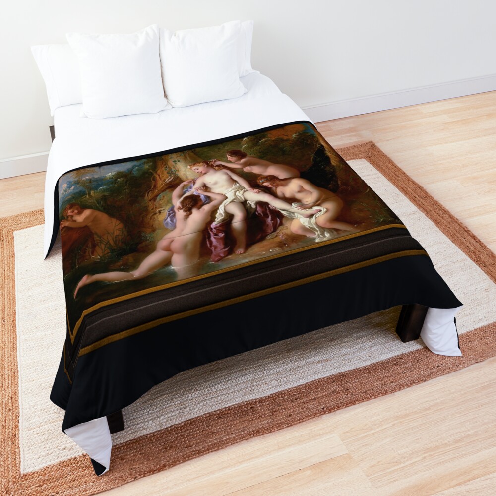 Diana and Her Nymphs Bathing by Jean-François de Troy - The Alluring Goddess of the Hunt 2 Diana and Her Nymphs Bathing by Jean-François de Troy Remastered Xzendor7 Classical Art Old Masters Reproductions Comforter