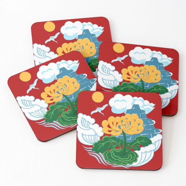 Item preview, Golden Chrysanthemum Green Leaves Blooming in the Sea Water in Red designed and sold by Moyanana.