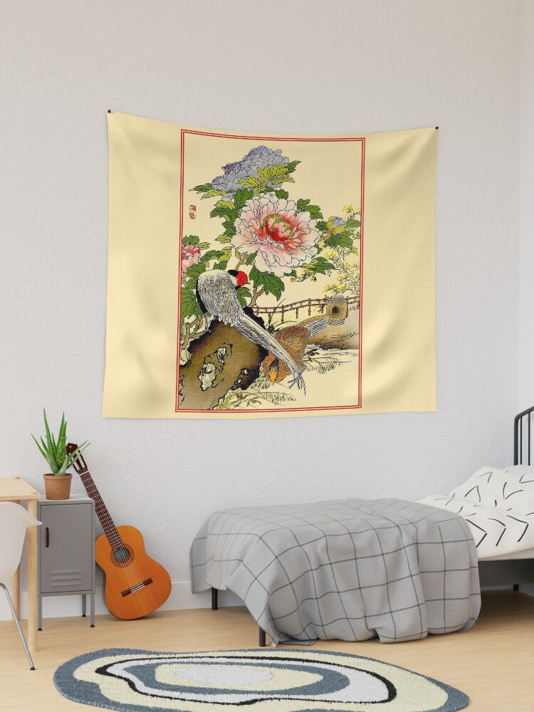 BIRDS in FLOWER GARDEN : Vintage Chinese Art Print | Tapestry