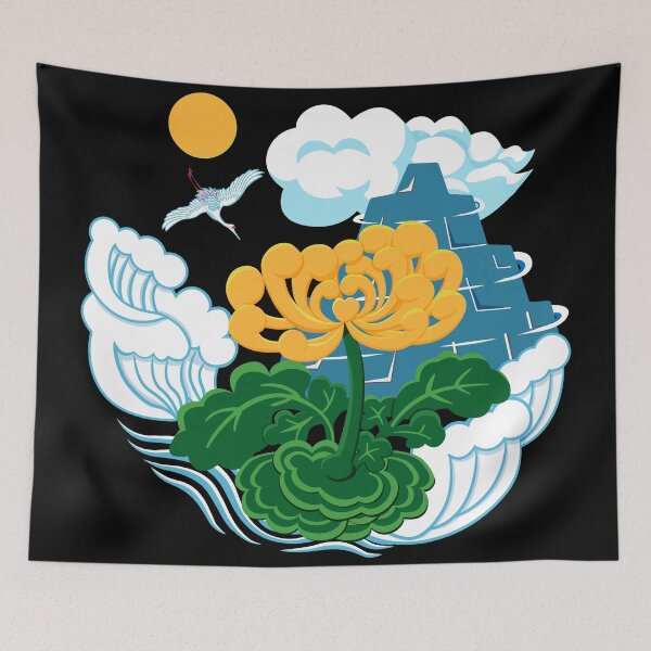 Item preview, Golden Chrysanthemum Green Leaves Blooming in the Sea Water in Black designed and sold by Moyanana.