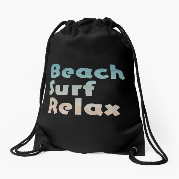  Beach Surf Relax. Black Background Drawstring Bag
