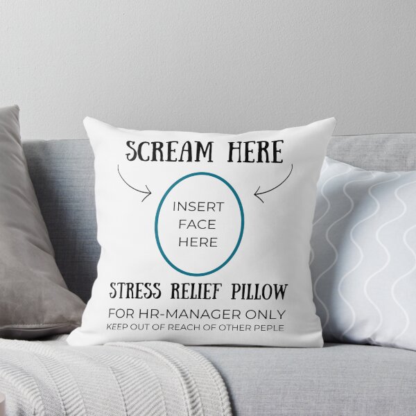 Item preview, Scream Pillow "SCREAM HERE" for stressed out HR Managers (white, turquois) "Insert Face Here" - Business stress relief gift for colleague designed and sold by PeaceLoveWealth.
