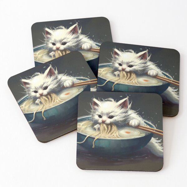 Item preview, White Kitten Scarfing Down Ramen designed and sold by LeefsArt.