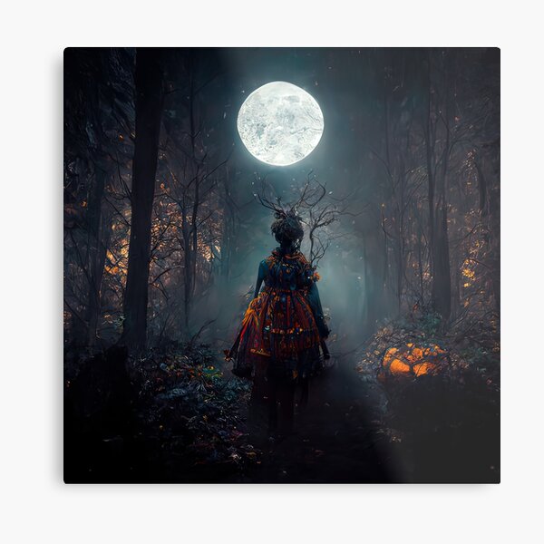 Mystery of Druids, Digital Illustration, Full Moon in a Magical Forest Metal Print