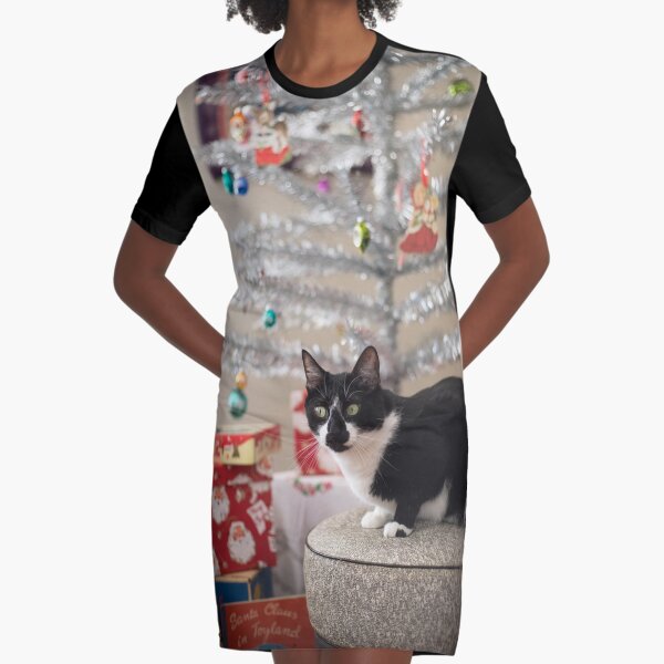 Mid-Century Christmas Cat Graphic T-Shirt Dress