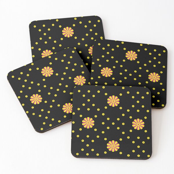 Item preview, Dahlia/s & Daisies in Cerise and Yellow on a Black background designed and sold by sleepingdogprod.