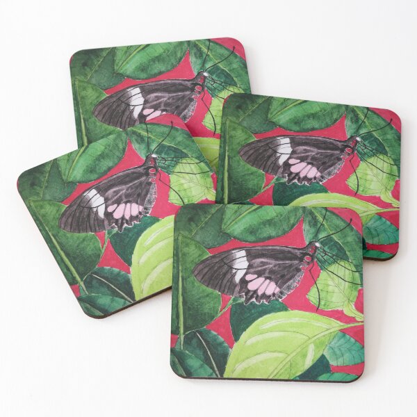 Item preview, Black and pink butterfly watercolour painting with leaves against a bright red background  designed and sold by esvb.