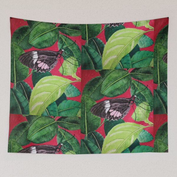 Item preview, Black and pink butterfly watercolour painting with leaves against a bright red background  designed and sold by esvb.