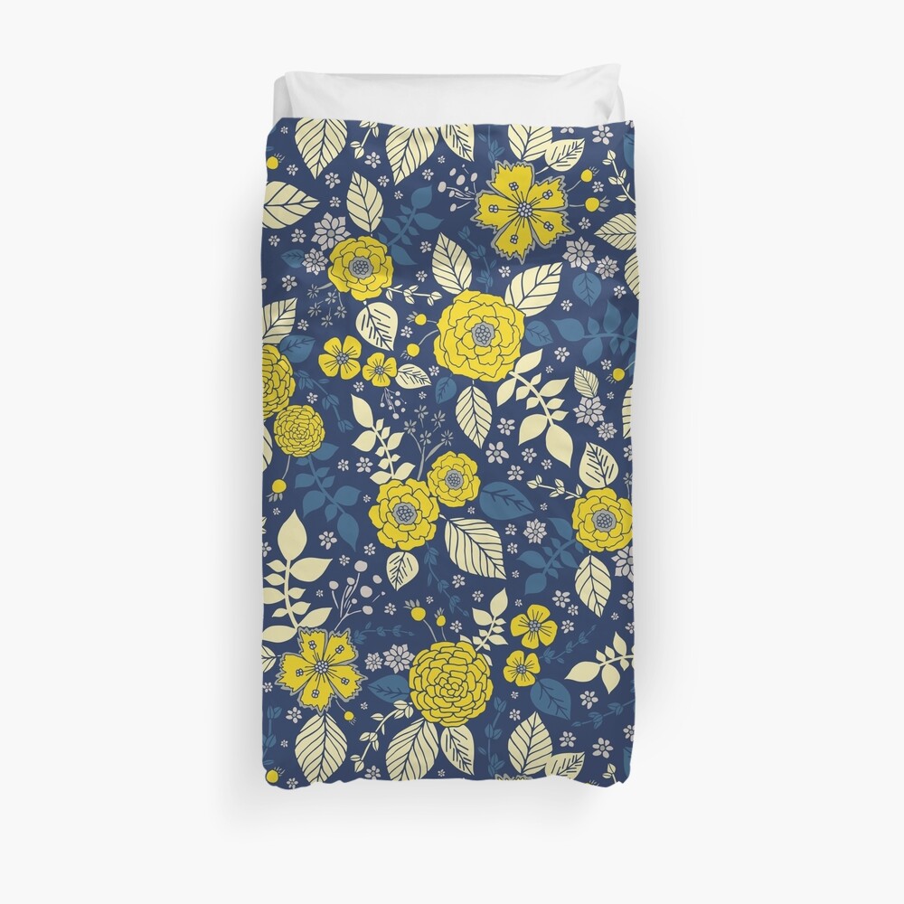 "Bright Yellow & Blue Floral Print Vibrant Flowers" Duvet Cover by