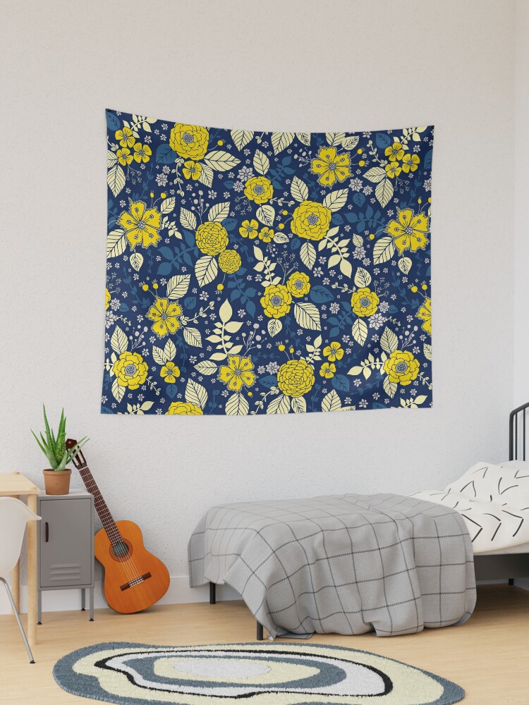 Bright Yellow & Blue Floral Print - Vibrant Flowers Tapestry for Sale by  somecallmebeth