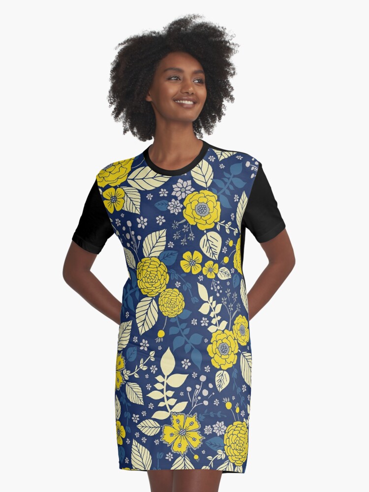 Bright Yellow & Blue Floral Print - Vibrant Flowers Graphic T