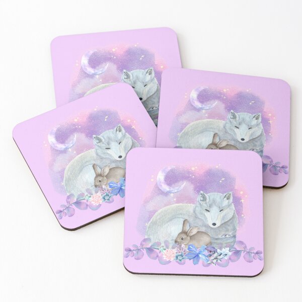 Item preview, Pastel Sleeping White Fox and Rabbit with Pink, Purple, and Blue Flowers designed and sold by SecretMeadow.