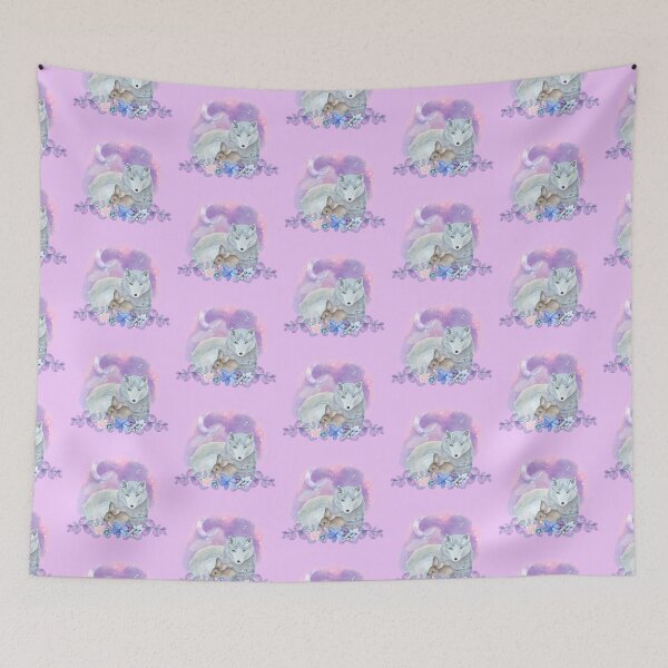 Item preview, Pastel Sleeping White Fox and Rabbit with Pink, Purple, and Blue Flowers designed and sold by SecretMeadow.
