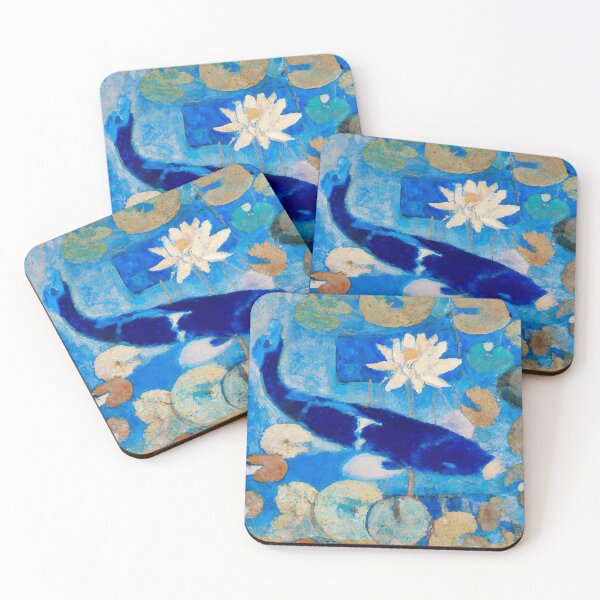 Item preview, Koi Carp Fish Among Water Lilies - impressionist painting - Deep Blue and Bronze Tones designed and sold by Inomaly Art.