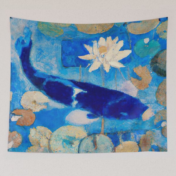 Item preview, Koi Carp Fish Among Water Lilies - impressionist painting - Deep Blue and Bronze Tones designed and sold by Inomaly Art.