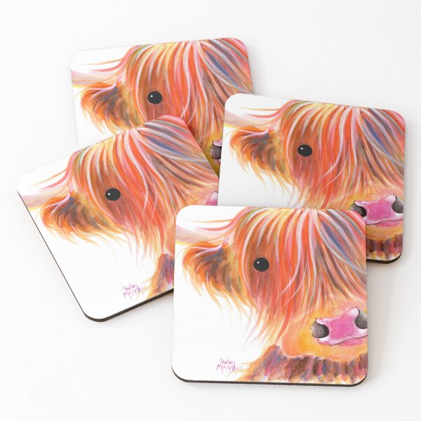 Scottish Highland Cow PRiNT ' SWEET SATSUMA ' by Shirley MacArthur Coasters (Set of 4)