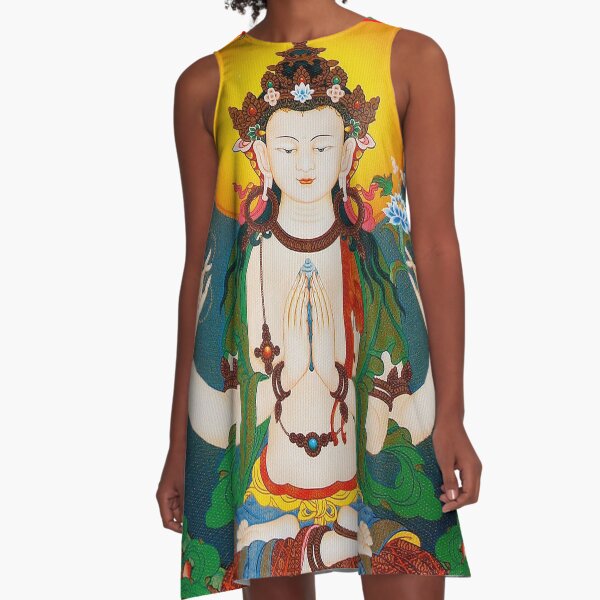 TIBETAN ART : Vintage Buddha Avalokiteshvara Print A-Line Dress
