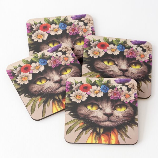 Item preview, Happy Cat With Yellow Eyes Surrounded By Leaves Wearing a Floral Head Piece designed and sold by bigmomma00.