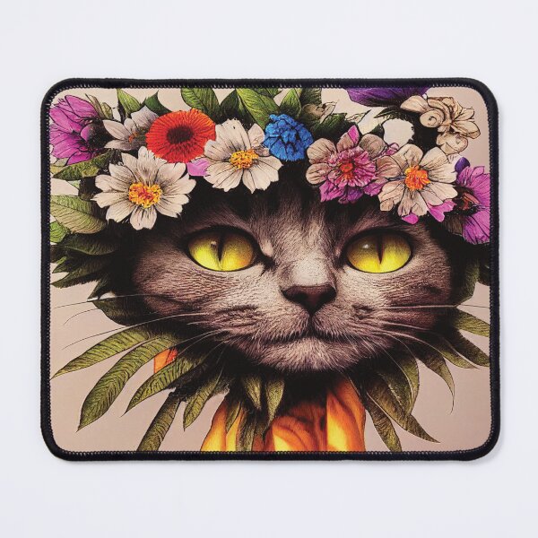 Item preview, Happy Cat With Yellow Eyes Surrounded By Leaves Wearing a Floral Head Piece designed and sold by bigmomma00.