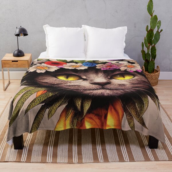 Item preview, Happy Cat With Yellow Eyes Surrounded By Leaves Wearing a Floral Head Piece designed and sold by bigmomma00.