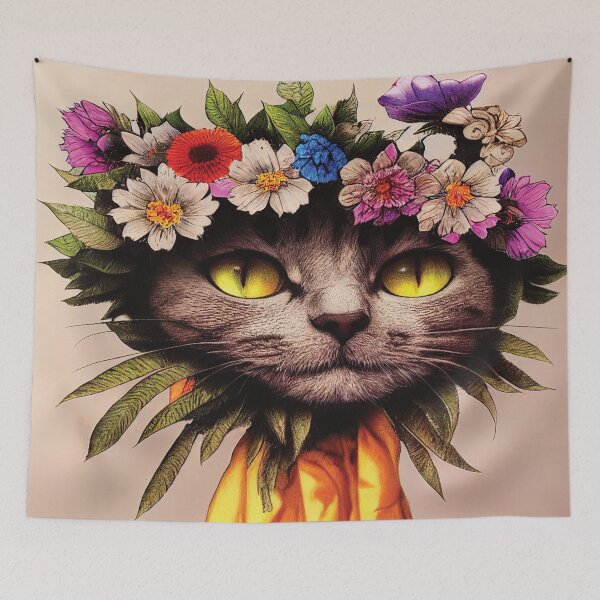 Item preview, Happy Cat With Yellow Eyes Surrounded By Leaves Wearing a Floral Head Piece designed and sold by bigmomma00.