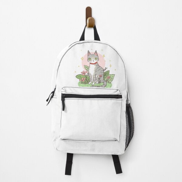 Vista previa del artículo con la obra «Lindo gato gris con flores rosas y destellos amarillos», diseñado y vendido por Yarafantasyart.